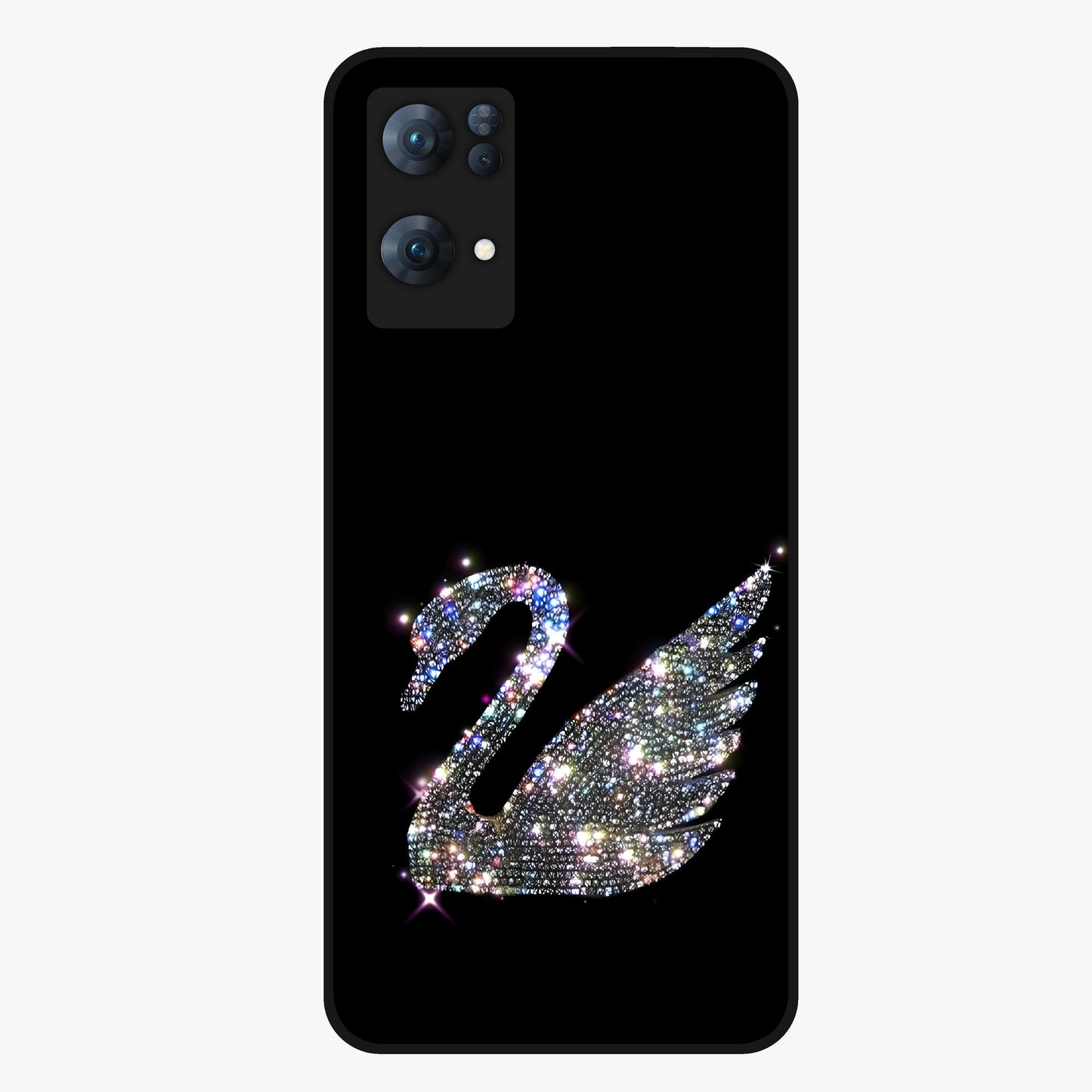 Starlit Swan Grace Glass Case showing flat back view with graceful swan artwork under starry sky and glossy glass finish.