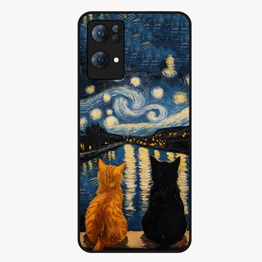 Starry River Cats Glass Case showing flat back view with cats by a starry river artwork and glossy glass finish.