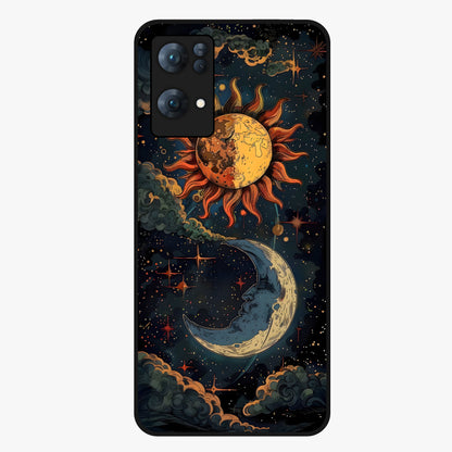 Sun And Moon Magic Design Glass Case showing flat back view with mystical sun and moon artwork and glossy glass finish.