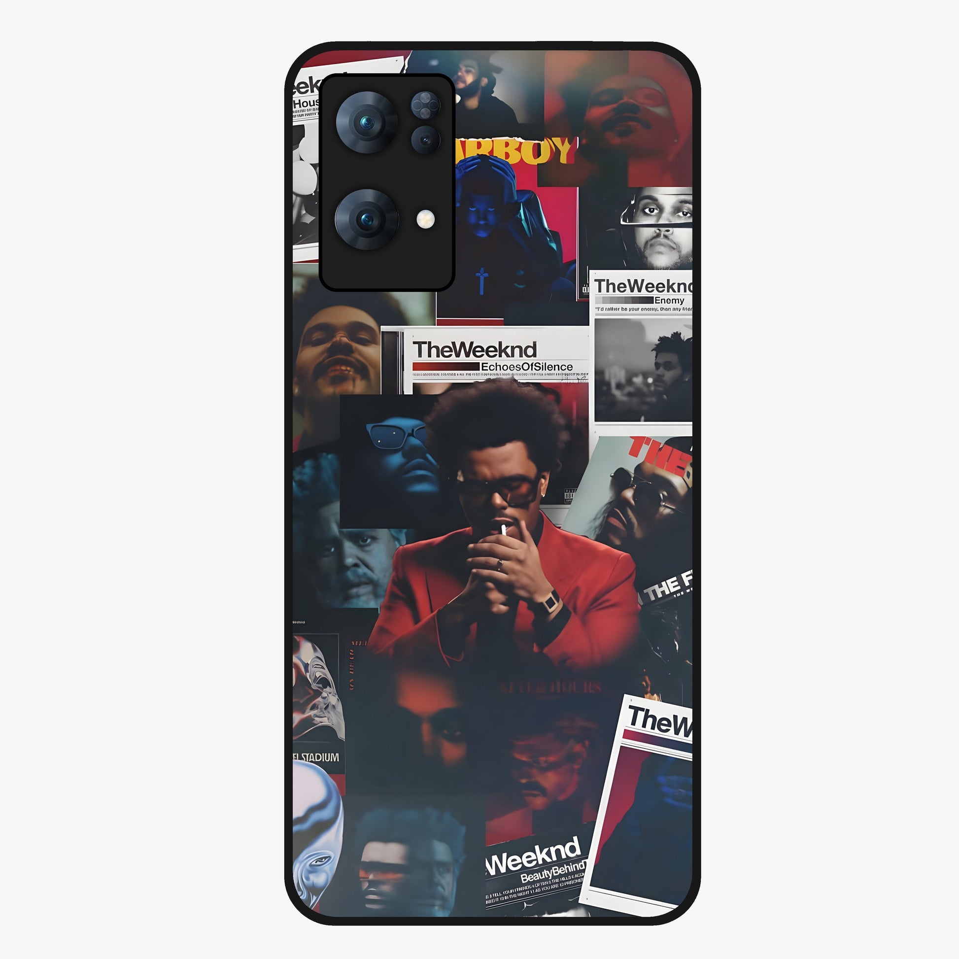 The Weeknd Glass Case showing flat back view with music inspired artistic portrait artwork and glossy glass finish.