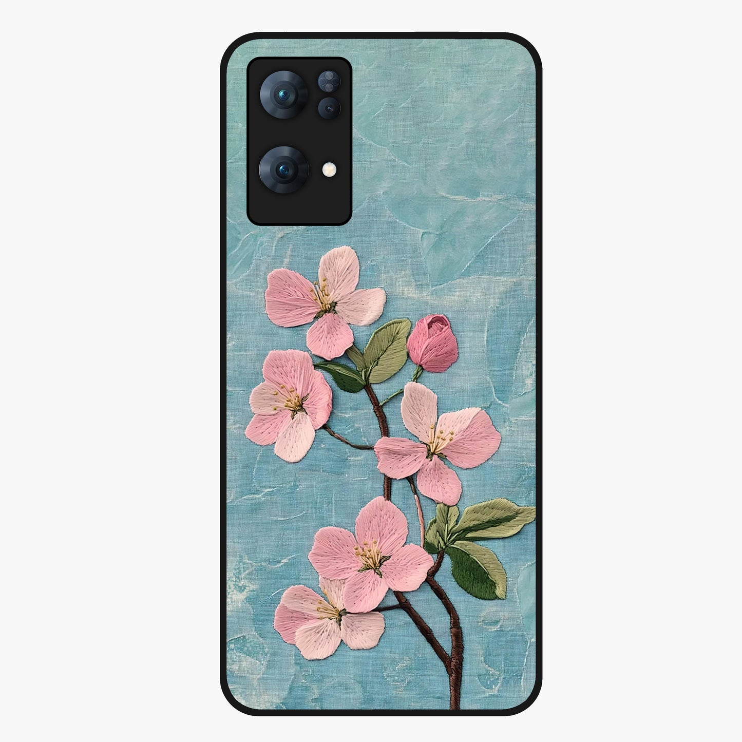 Threaded Blossom Breeze Glass Case showing flat back view with delicate blossom artwork and glossy glass finish.