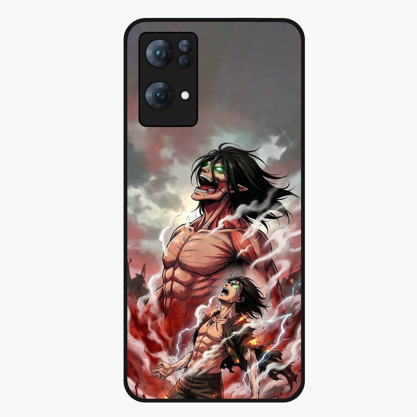 Titan Awakening Fury Glass Case showing flat back view with powerful titan inspired artwork and glossy glass finish.