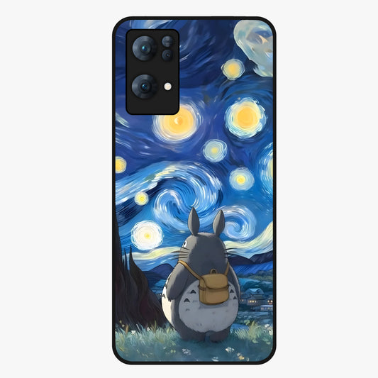 Totoro In Van Gogh Art Glass Case showing flat back view with whimsical character artwork inspired by Van Gogh style and glossy glass finish.