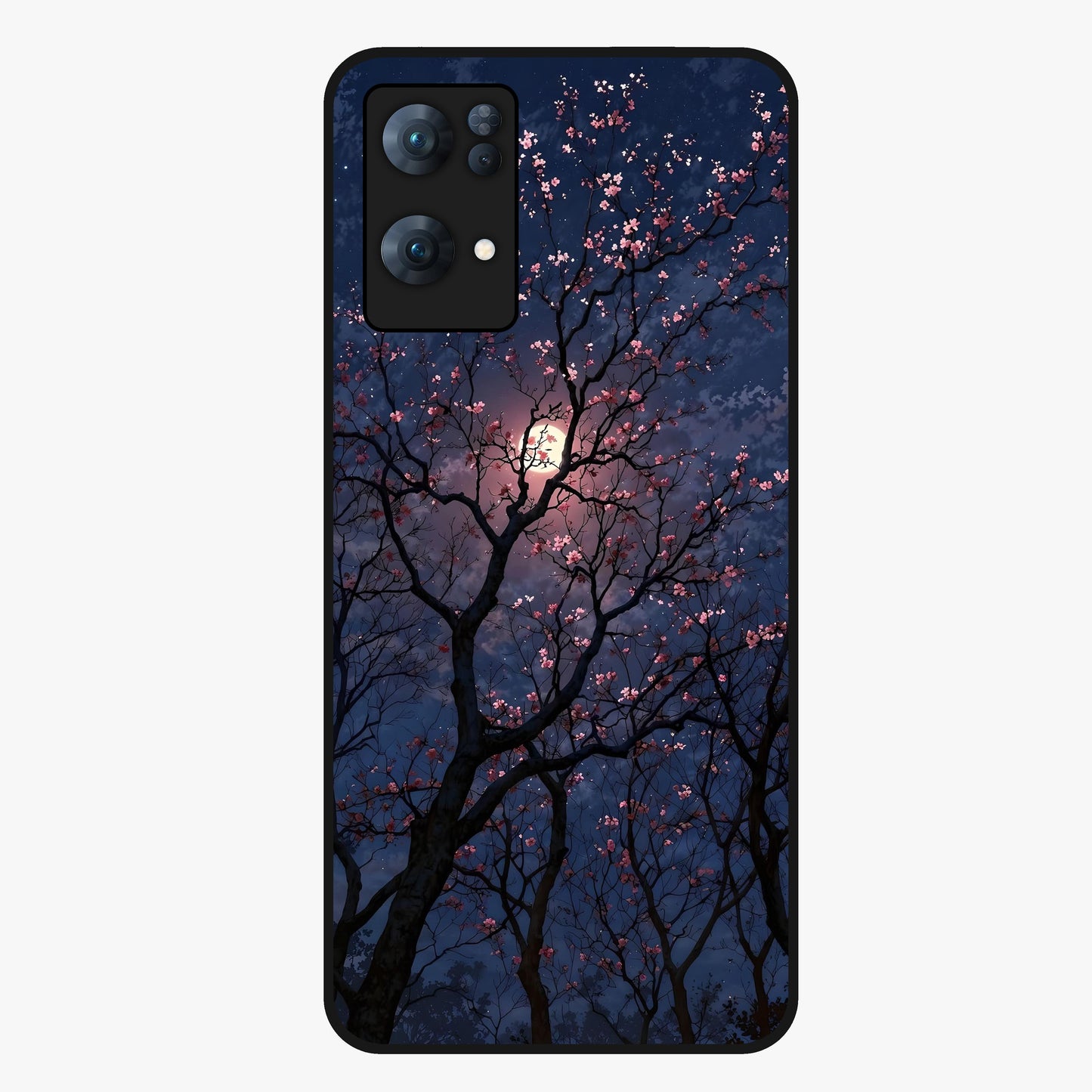 Twilight Sakura Serenade Glass Case showing flat back view with cherry blossom artwork at twilight and glossy glass finish.