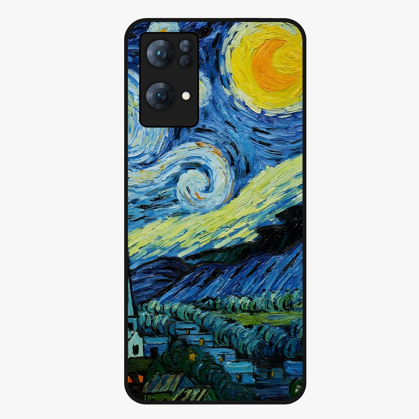 Van Gogh Art Glass Case showing flat back view with classic painterly artwork inspired by Van Gogh style and glossy glass finish.