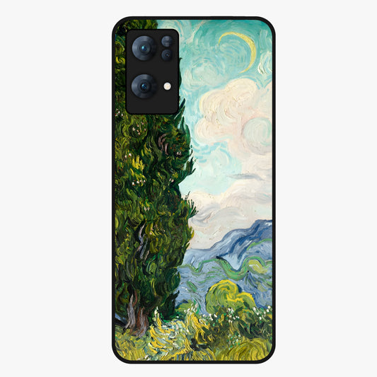 Van Gogh Vintage Art Glass Case showing flat back view with vintage painterly artwork inspired by Van Gogh style and glossy glass finish.