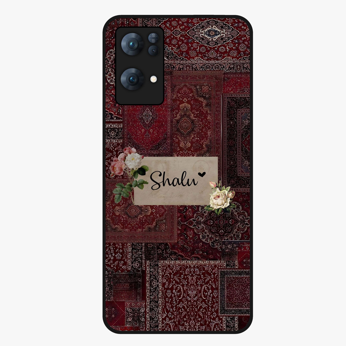 Velvet Wine Pattern Custom Name Glass Case showing flat back view with elegant wine colored pattern artwork and personalized name design.