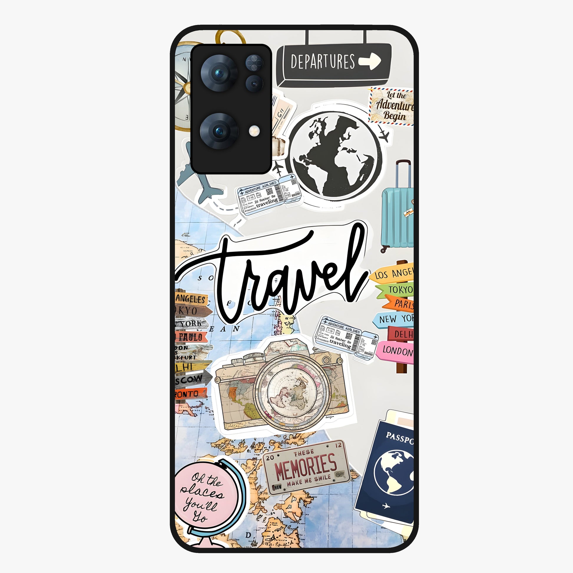Wanderlust Journal Glass Case showing flat back view with travel inspired artwork and glossy glass finish.