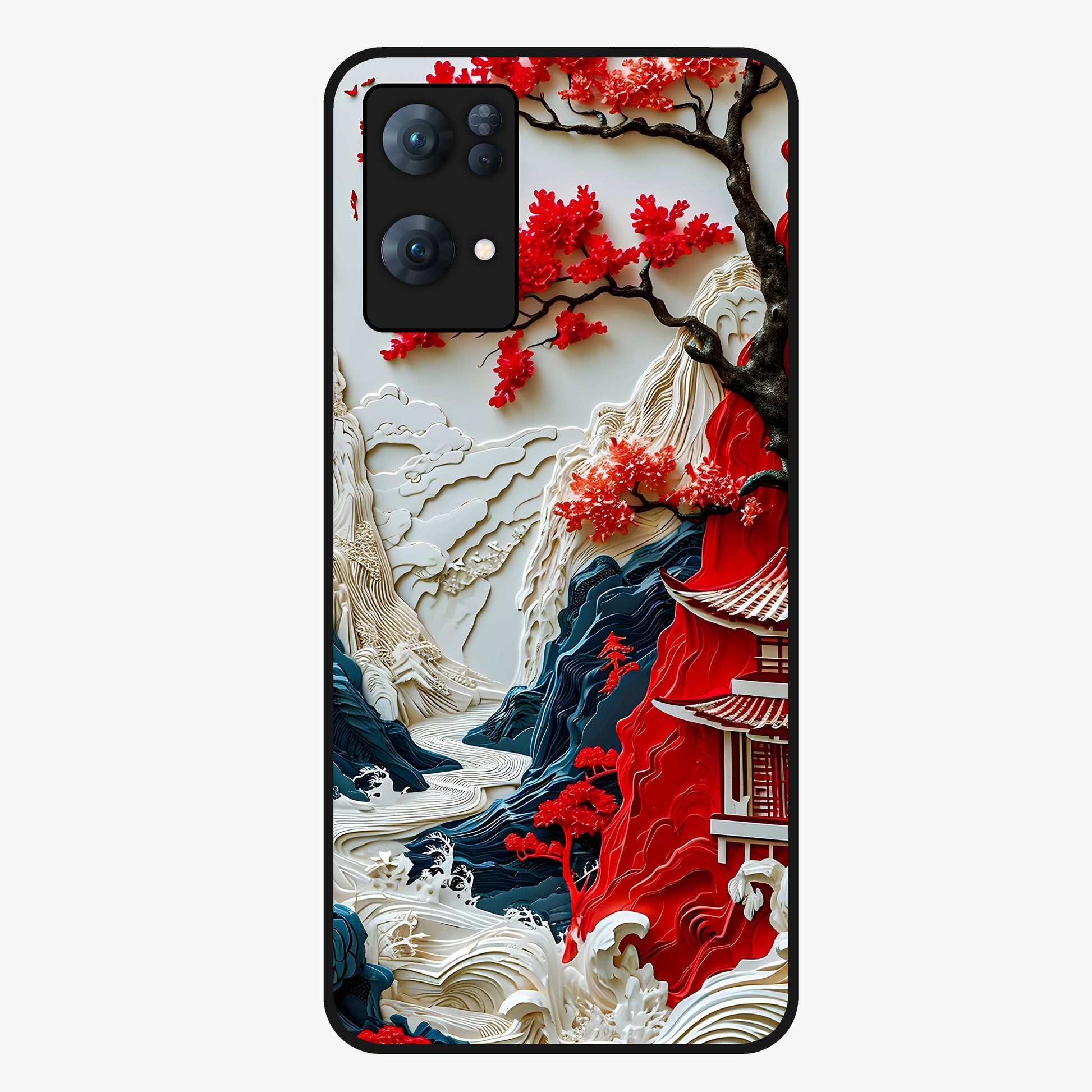Whispers Of Sakura Waves Glass Case showing flat back view with cherry blossom wave artwork and glossy glass finish.