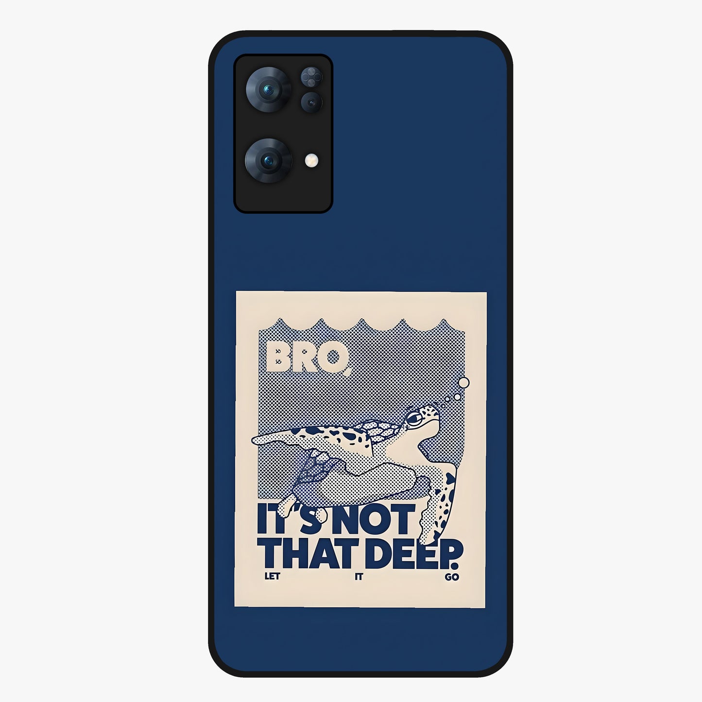 Worry Less Swim Glass Case showing flat back view with playful motivational artwork and glossy glass finish.