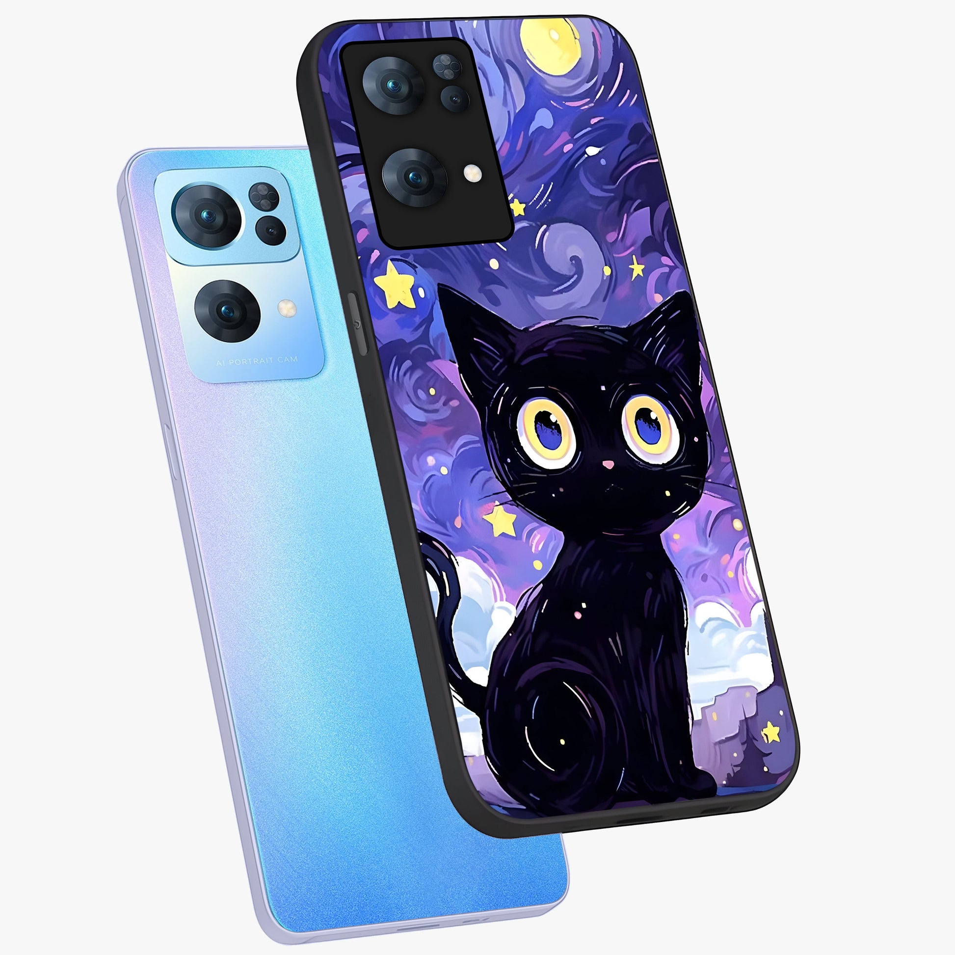Abstract Cat Art Glass Case displayed in angled mockup highlighting modern abstract cat artwork and sleek glass surface.