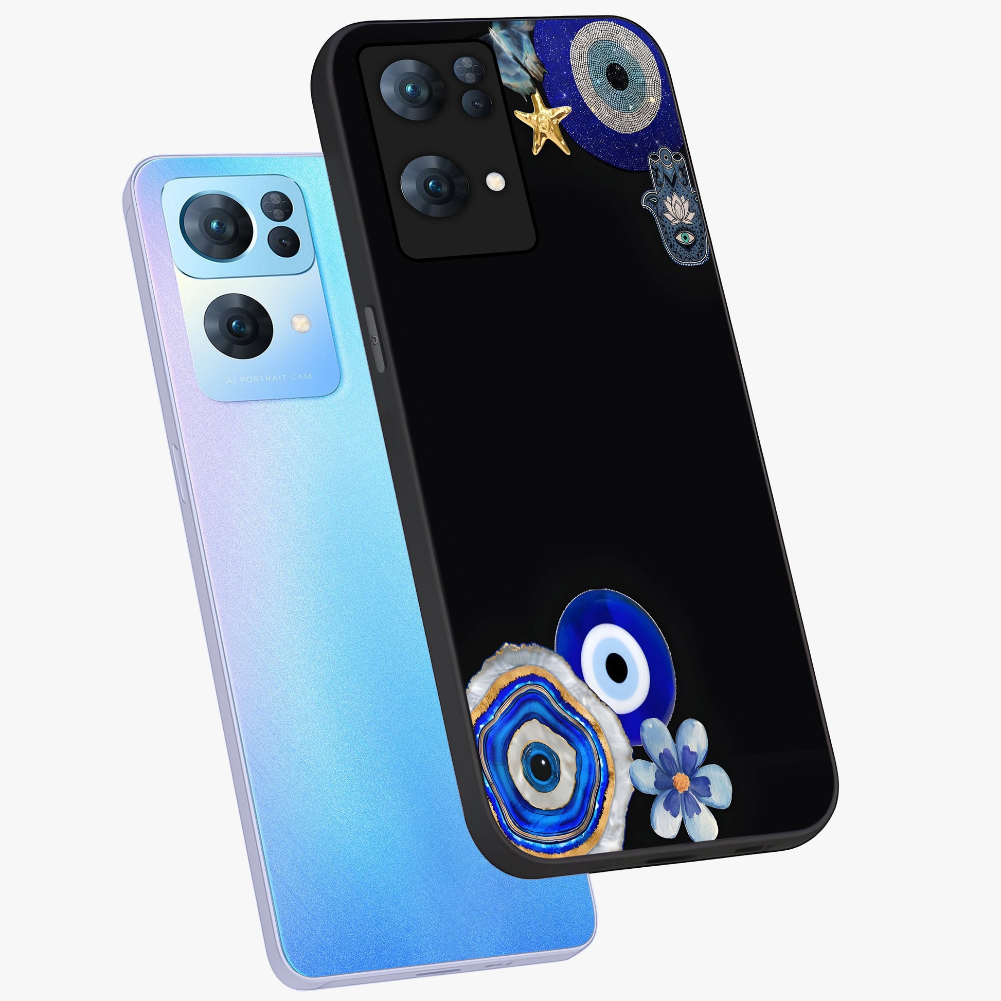 Aesthetic Blue Evil Eye Glass Case displayed in angled mockup highlighting blue evil eye symbol and spiritual aesthetic design.