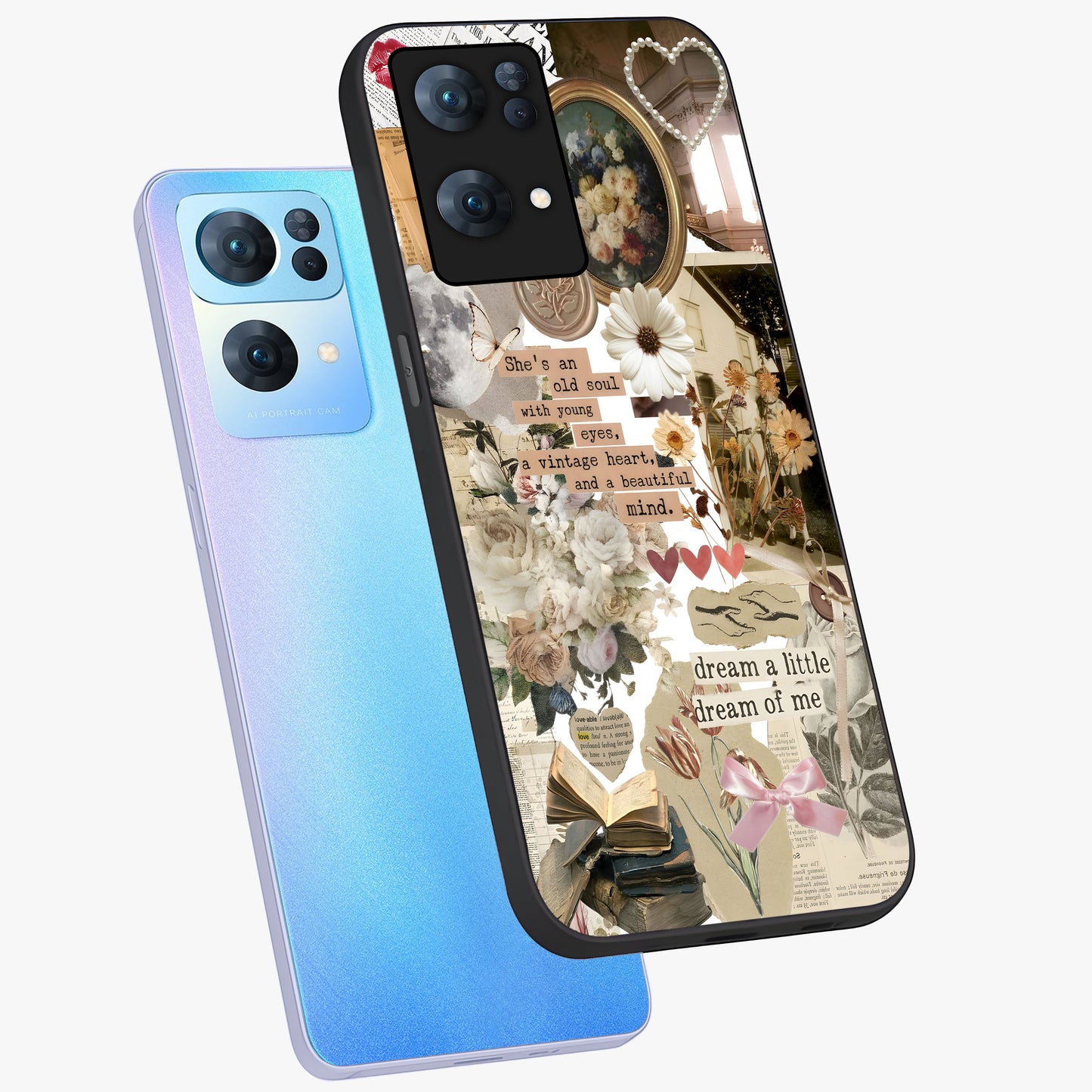 Aesthetic Brown Vintage Collage Glass Case displayed in angled mockup highlighting vintage aesthetic collage design.