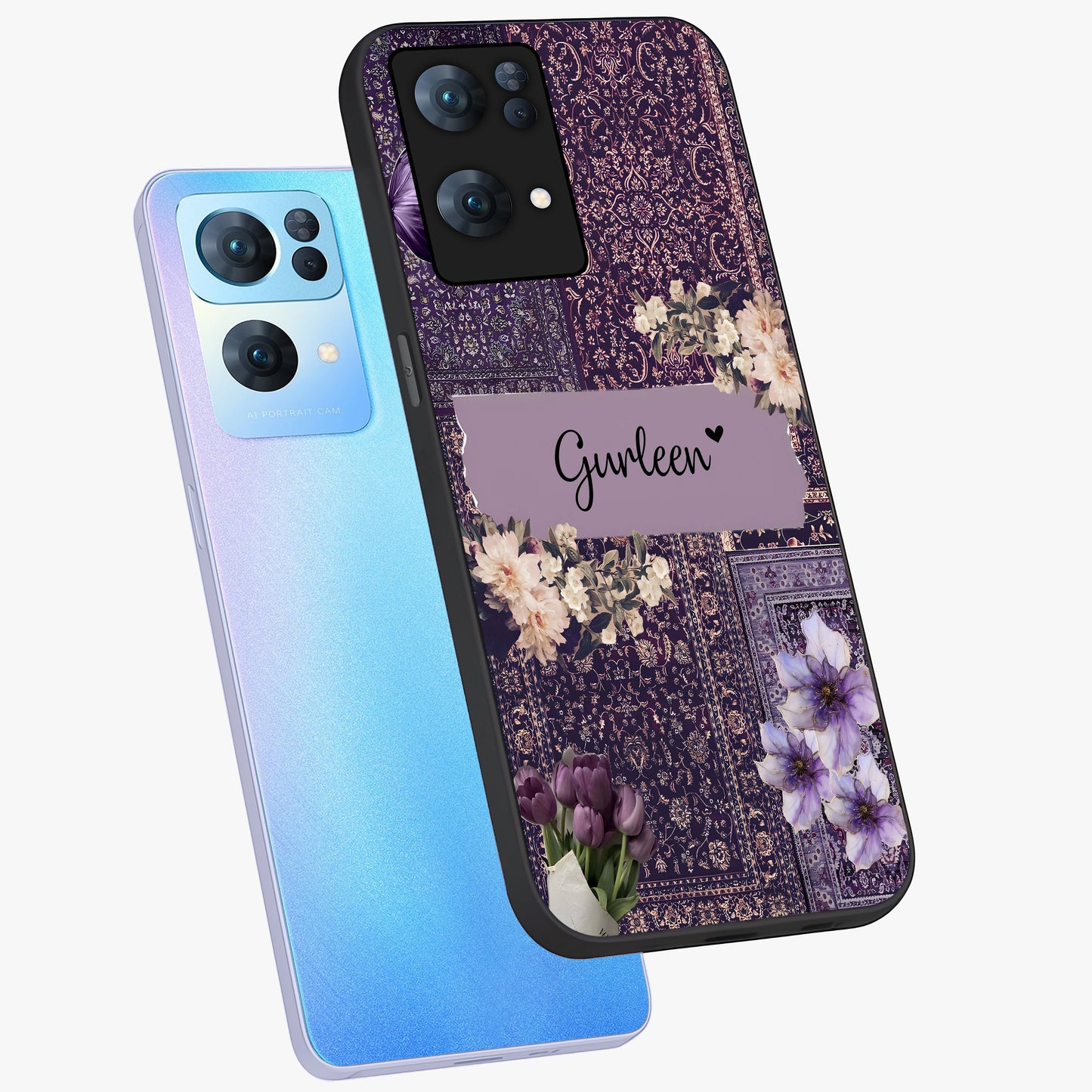 Antique Floral Whisper Custom Name Glass Case displayed in angled mockup highlighting elegant antique floral aesthetic.