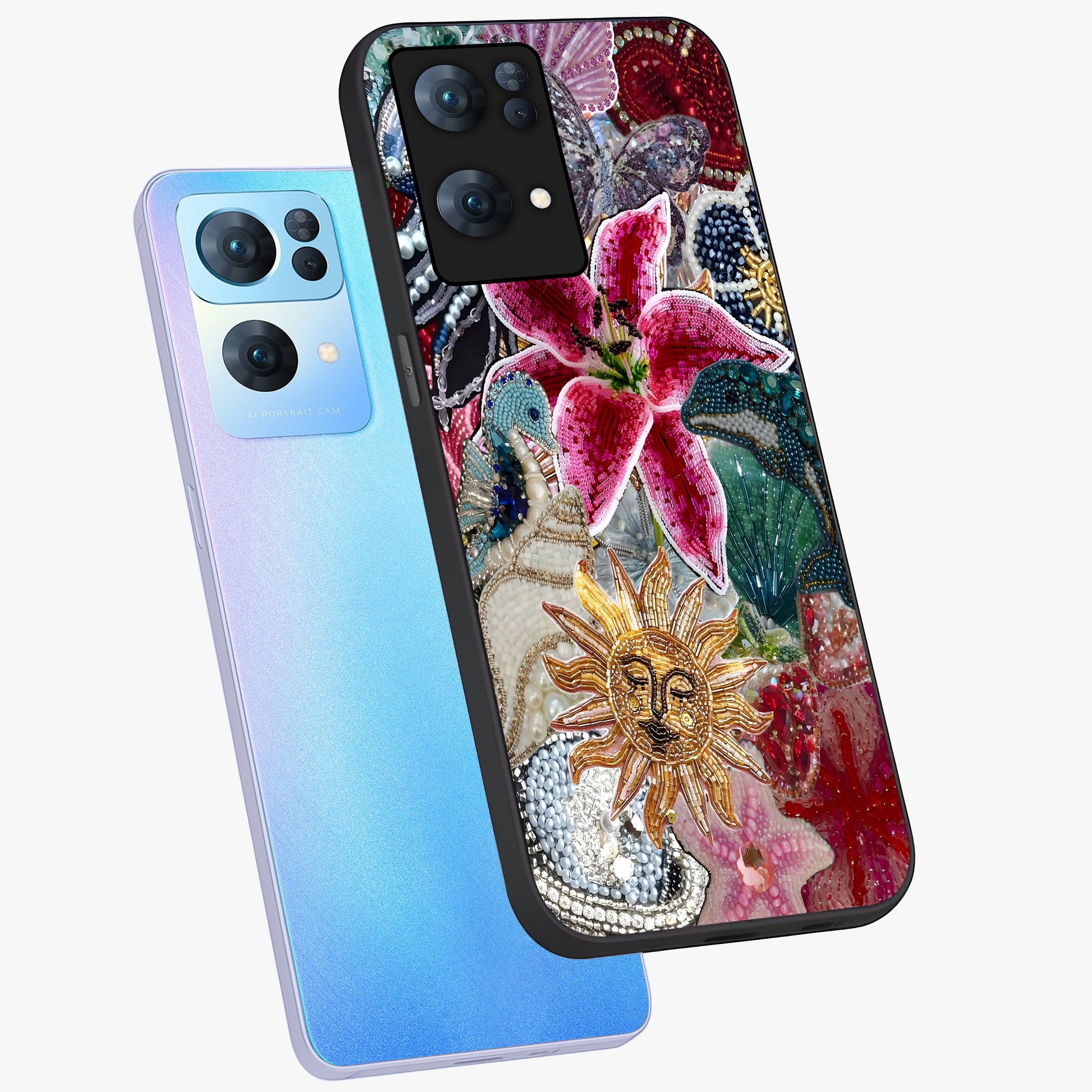 Beaded Garden Fantasy Glass Case displayed in angled mockup highlighting fantasy inspired floral bead pattern.