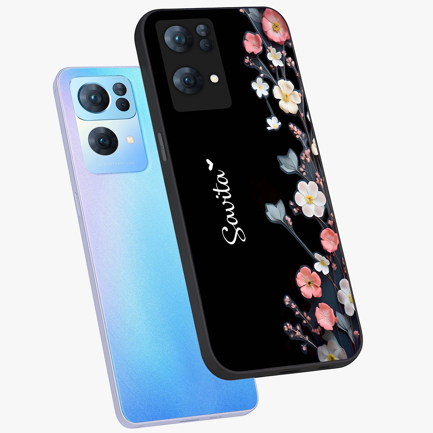 Black Elegance Floral Custom Name Glass Case displayed in angled mockup highlighting dark floral aesthetic and custom name feature.