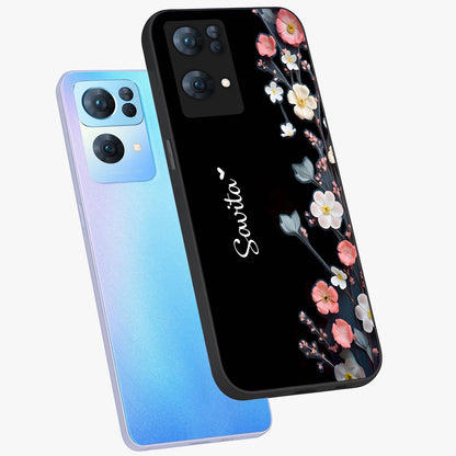Black Elegance Floral Custom Name Glass Case displayed in angled mockup highlighting dark floral aesthetic and custom name feature.