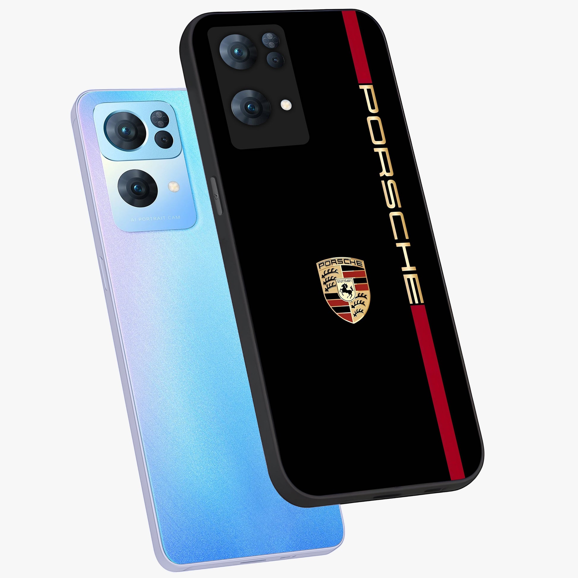 Black Minimal Porsche Glass Case displayed in angled mockup highlighting modern minimal car illustration and clean aesthetic design.