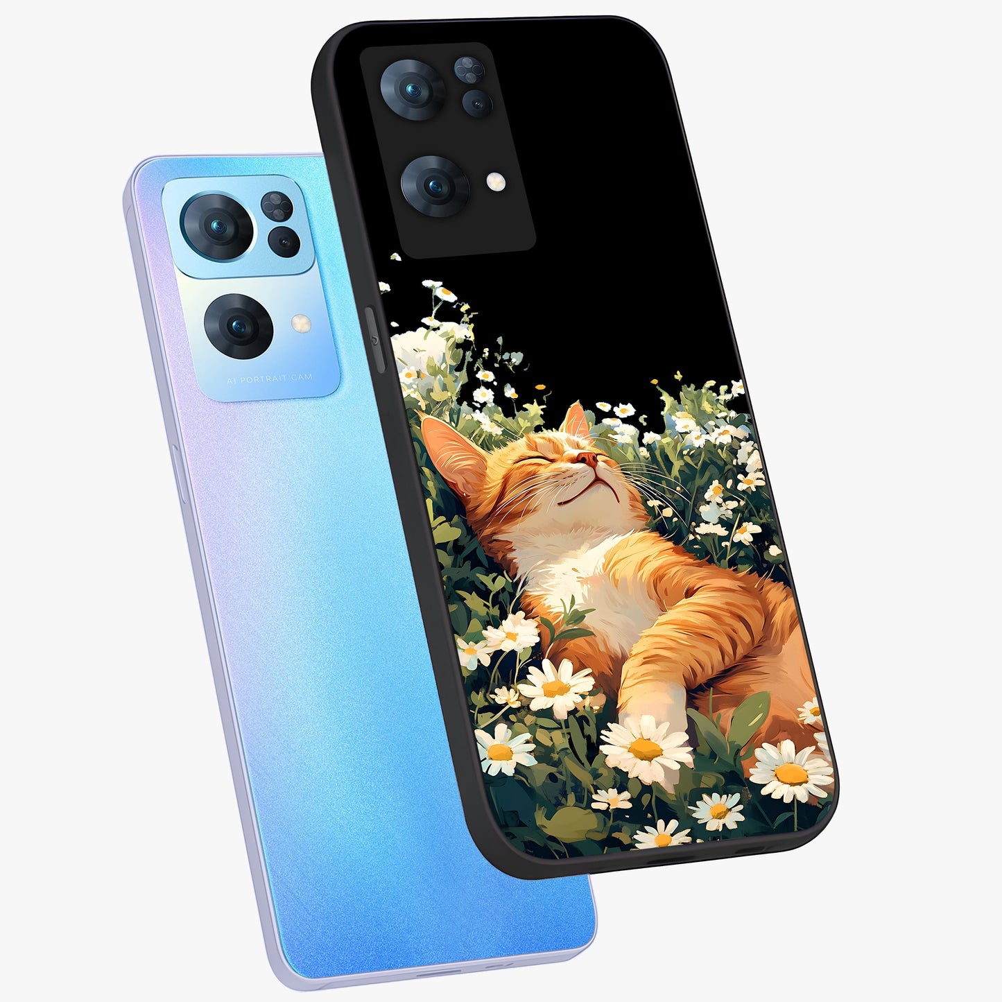 Blissful Bloom Cat Glass Case displayed in angled mockup highlighting playful feline illustration with soft floral aesthetic.