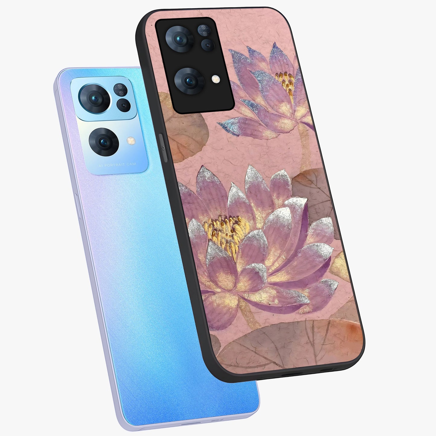 Blossom Mist Lotus Glass Case displayed in angled mockup highlighting delicate lotus illustration with calm aesthetic theme.