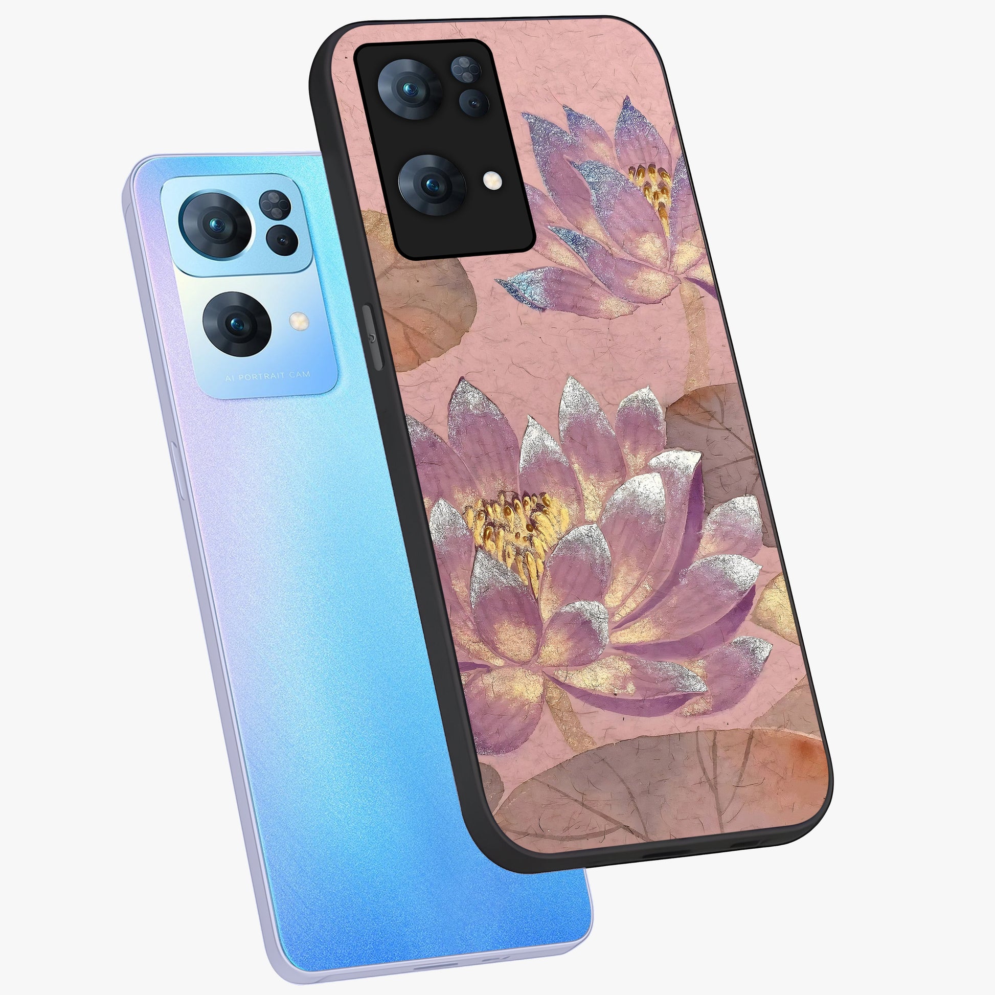 Blossom Mist Lotus Glass Case displayed in angled mockup highlighting delicate lotus illustration with calm aesthetic theme.