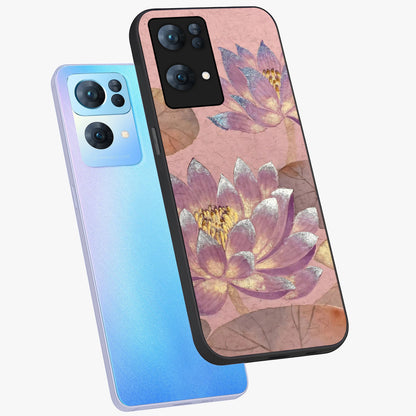 Blossom Mist Lotus Glass Case displayed in angled mockup highlighting delicate lotus illustration with calm aesthetic theme.