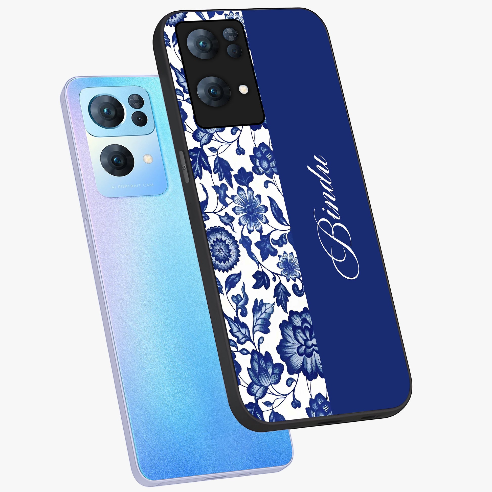 Blue Vintage Floral Pattern Glass Case displayed in angled mockup highlighting subtle bloom pattern with aesthetic pastel design.