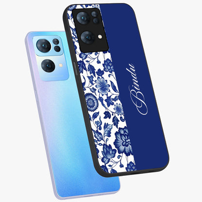 Blue Vintage Floral Pattern Glass Case displayed in angled mockup highlighting subtle bloom pattern with aesthetic pastel design.