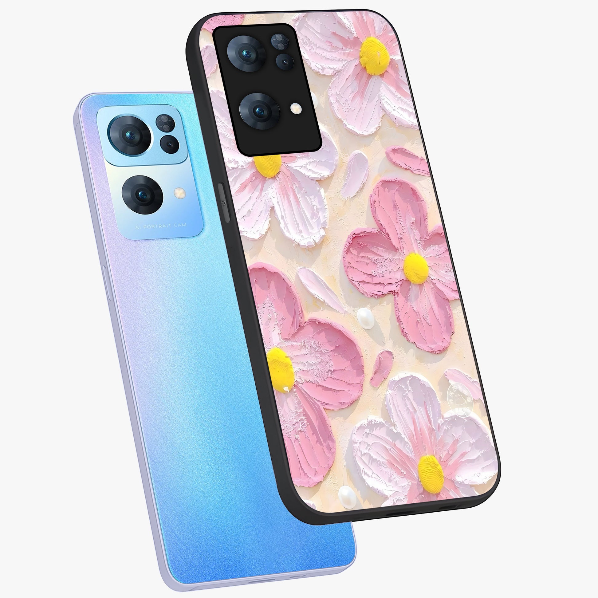 Blush Bloom Texture Glass Case displayed in angled mockup highlighting subtle bloom pattern with aesthetic pastel design.