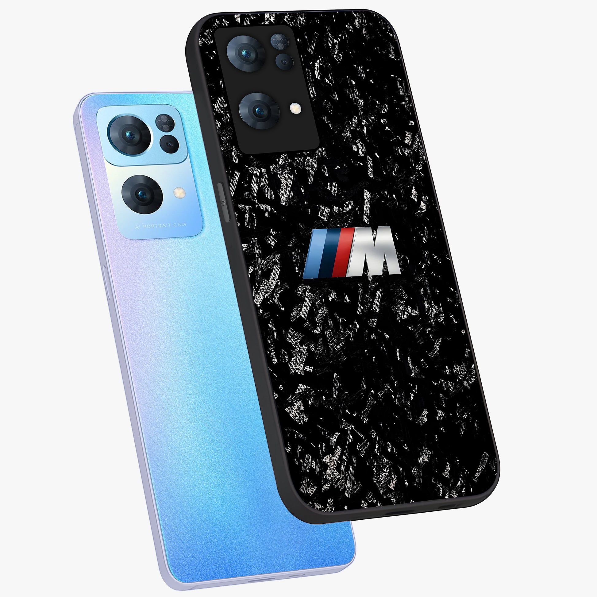 Carbon Speed Mark Glass Case displayed in angled mockup highlighting racing inspired carbon design and sleek aesthetic style.