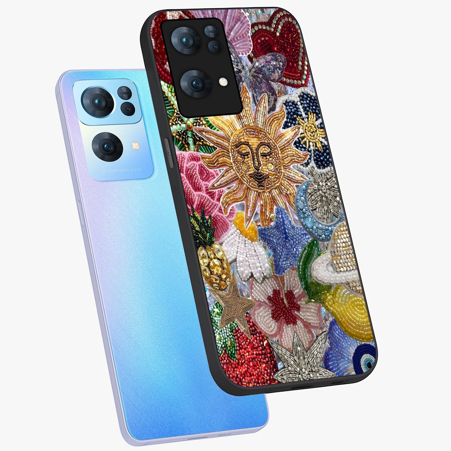 Celestial Floral and Playful Glass Case displayed in angled mockup highlighting playful floral design with dreamy celestial elements.