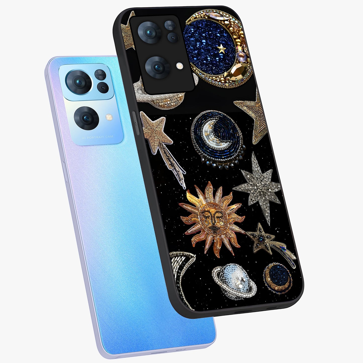 Celestial Gem Constellations Glass Case displayed in angled mockup highlighting gemstone inspired constellation design.