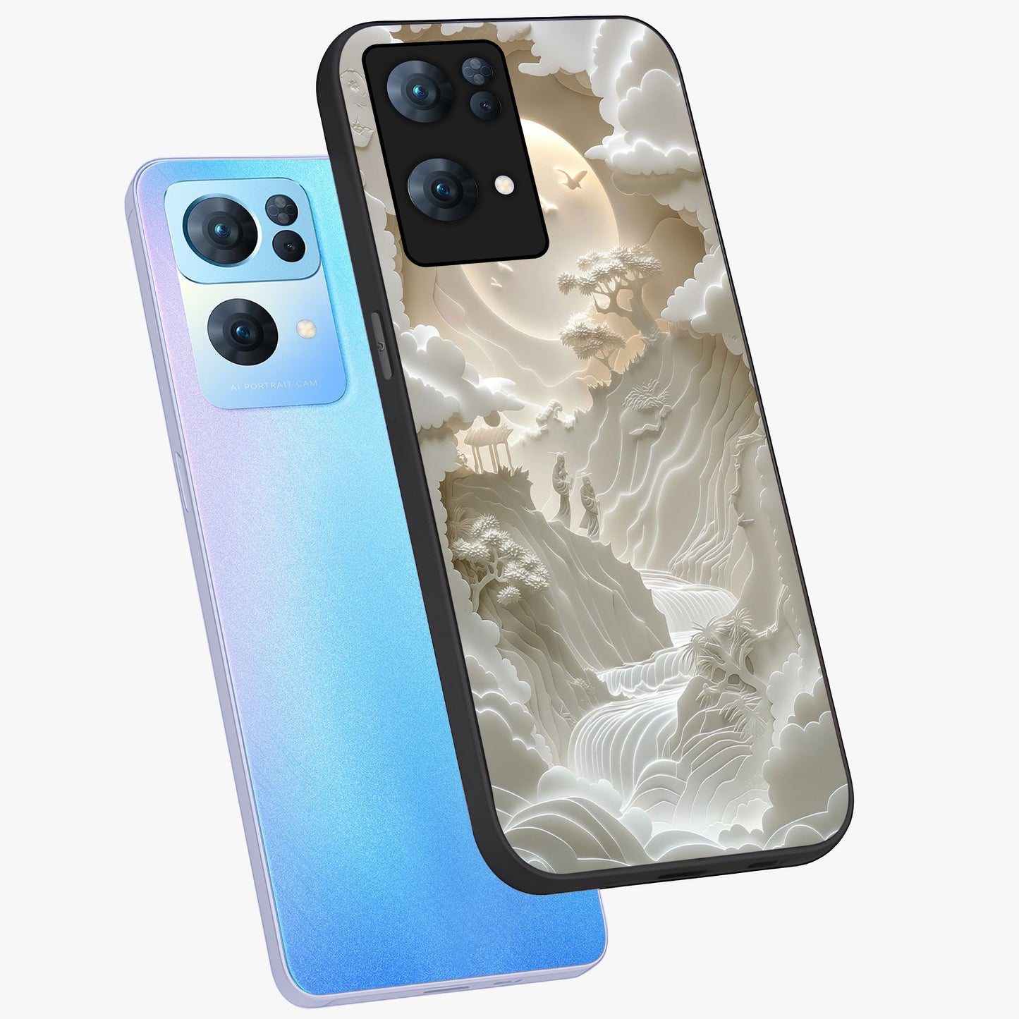 Celestial Origami Glass Case displayed in angled mockup highlighting geometric origami design with cosmic aesthetic theme.