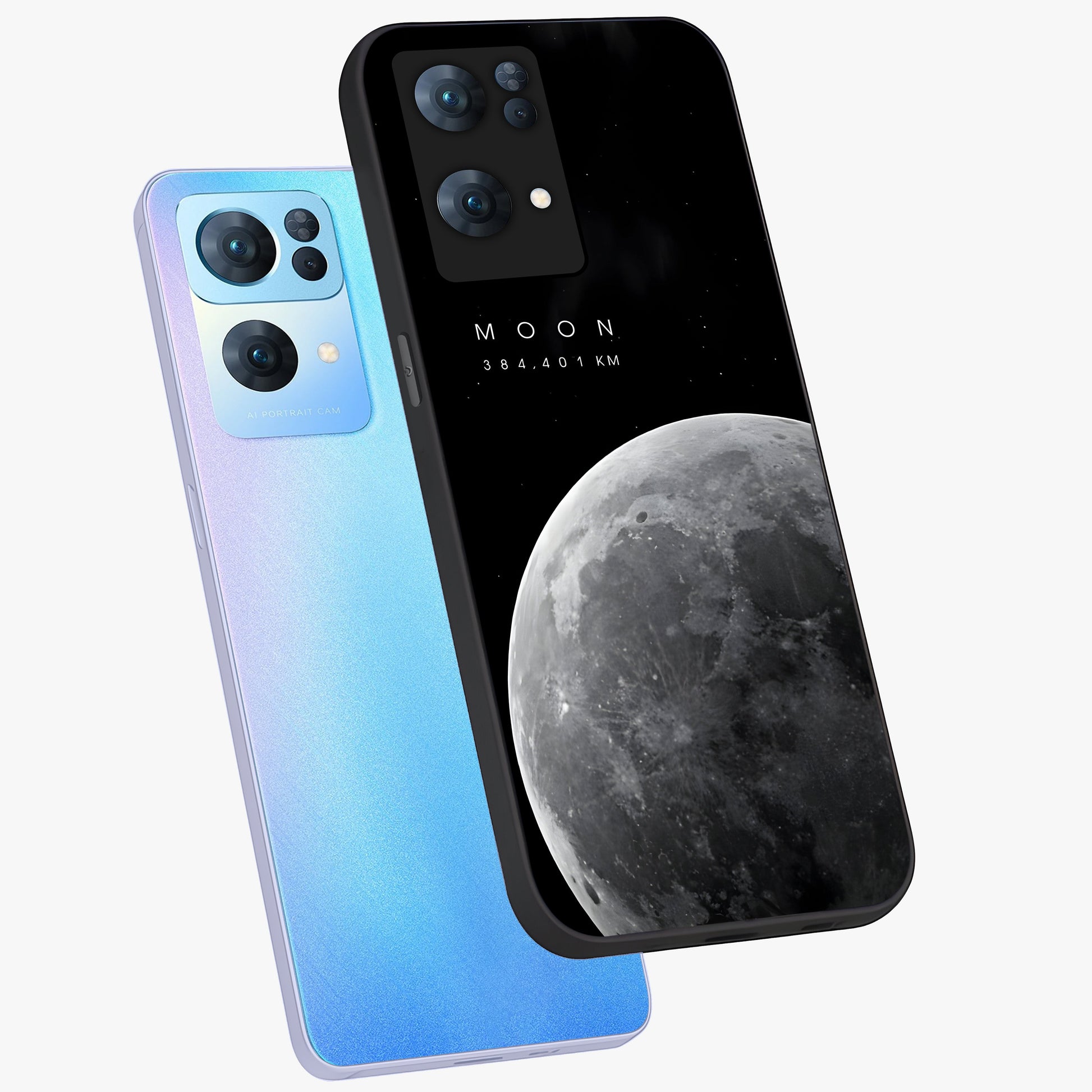 Cosmic Moon Glow Glass Case displayed in angled mockup highlighting celestial moon design with cosmic aesthetic theme.