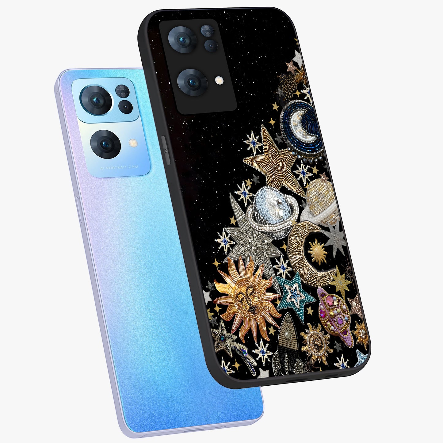 Cosmic Sparkle Dreams Glass Case displayed in angled mockup highlighting dreamy star sparkle design with celestial aesthetic.