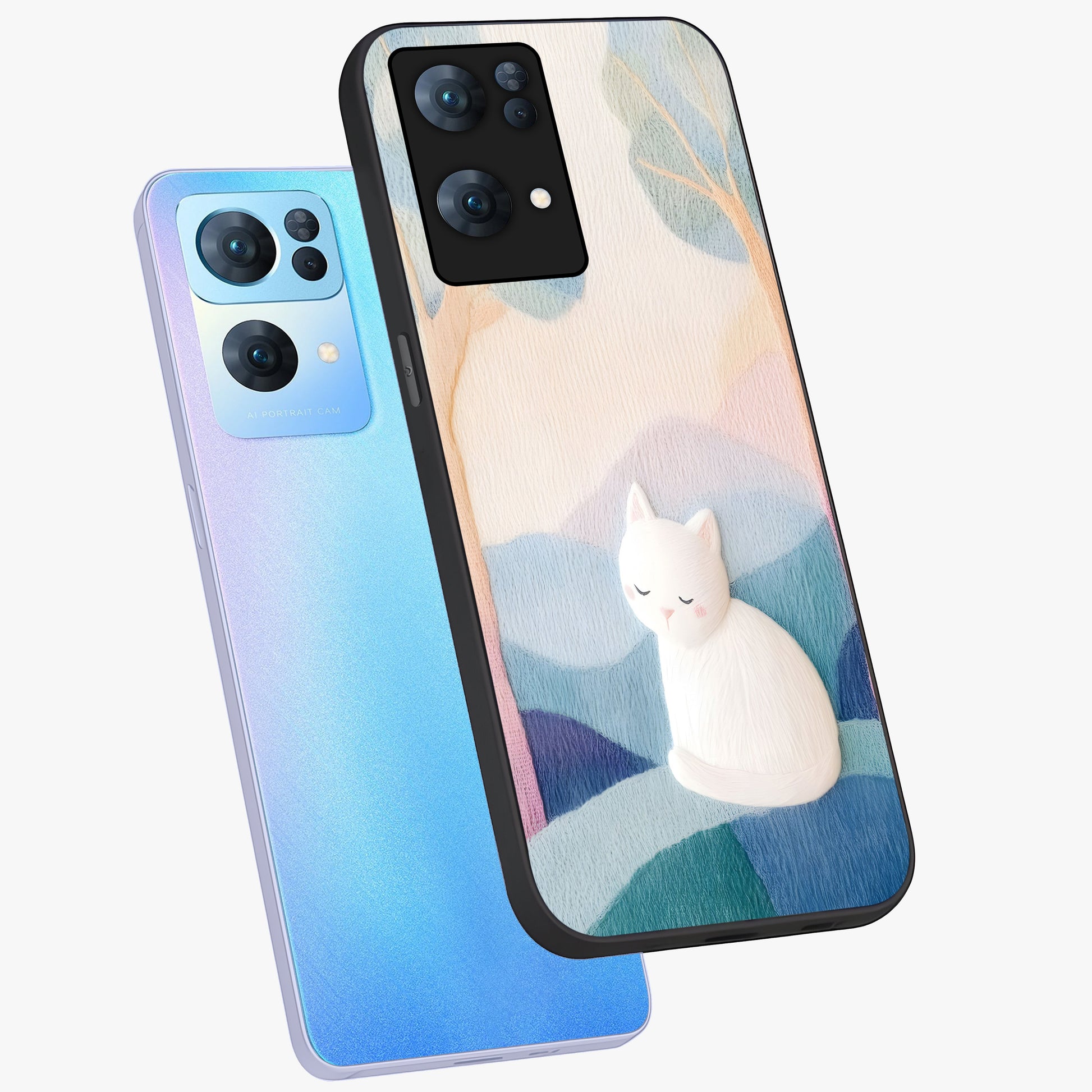 Cotton Dream Cat Glass Case displayed in angled mockup highlighting cute feline illustration with pastel aesthetic style.