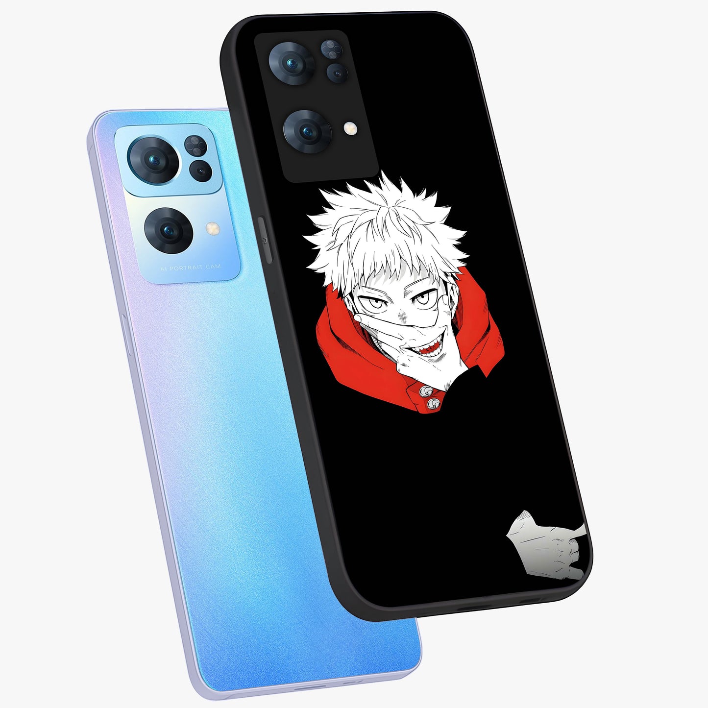 Crimson Chaos Smile Glass Case displayed in angled mockup highlighting edgy crimson smile design with graphic aesthetic.