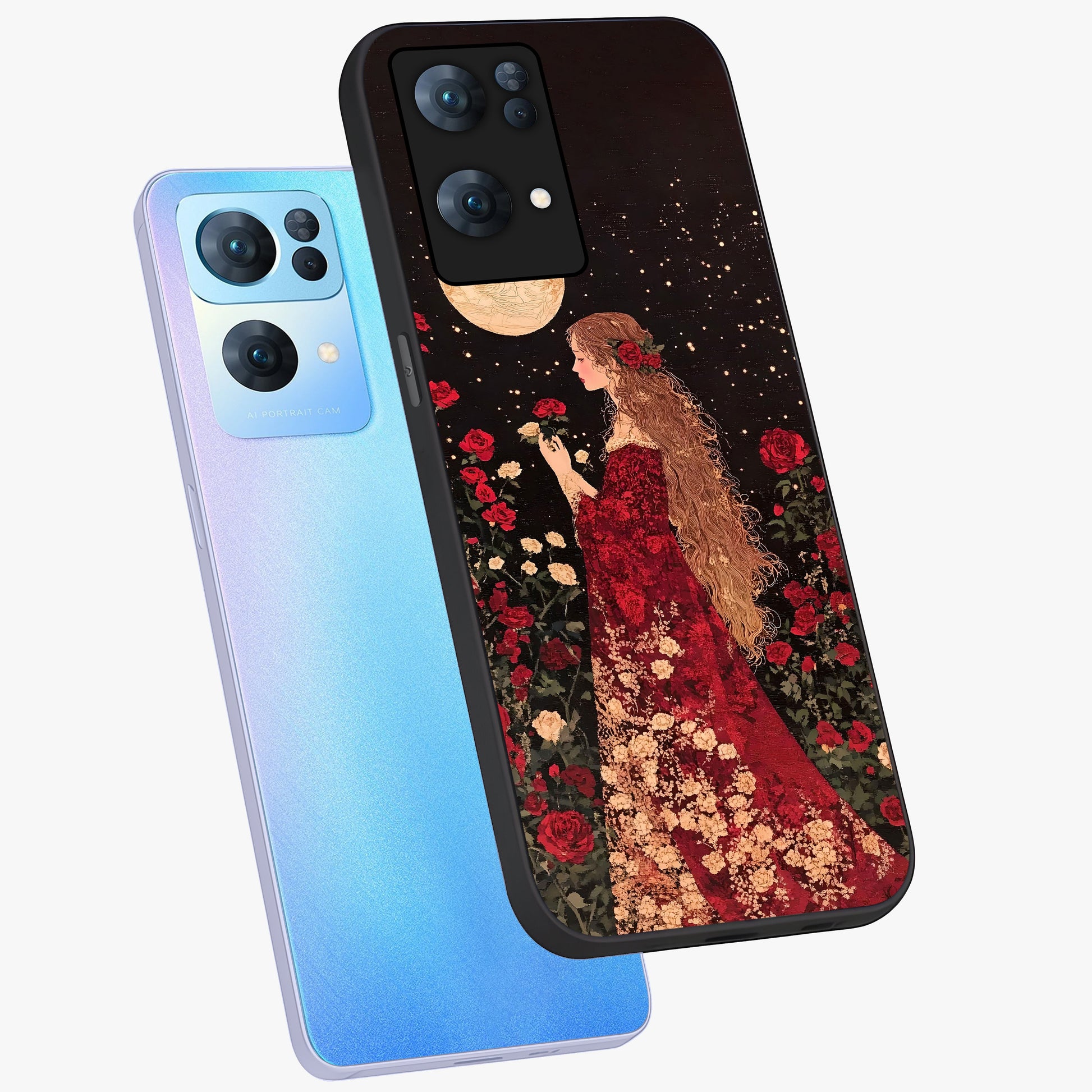 Crimson Dreams Glass Case displayed in angled mockup highlighting soft crimson aesthetic design with artistic theme.