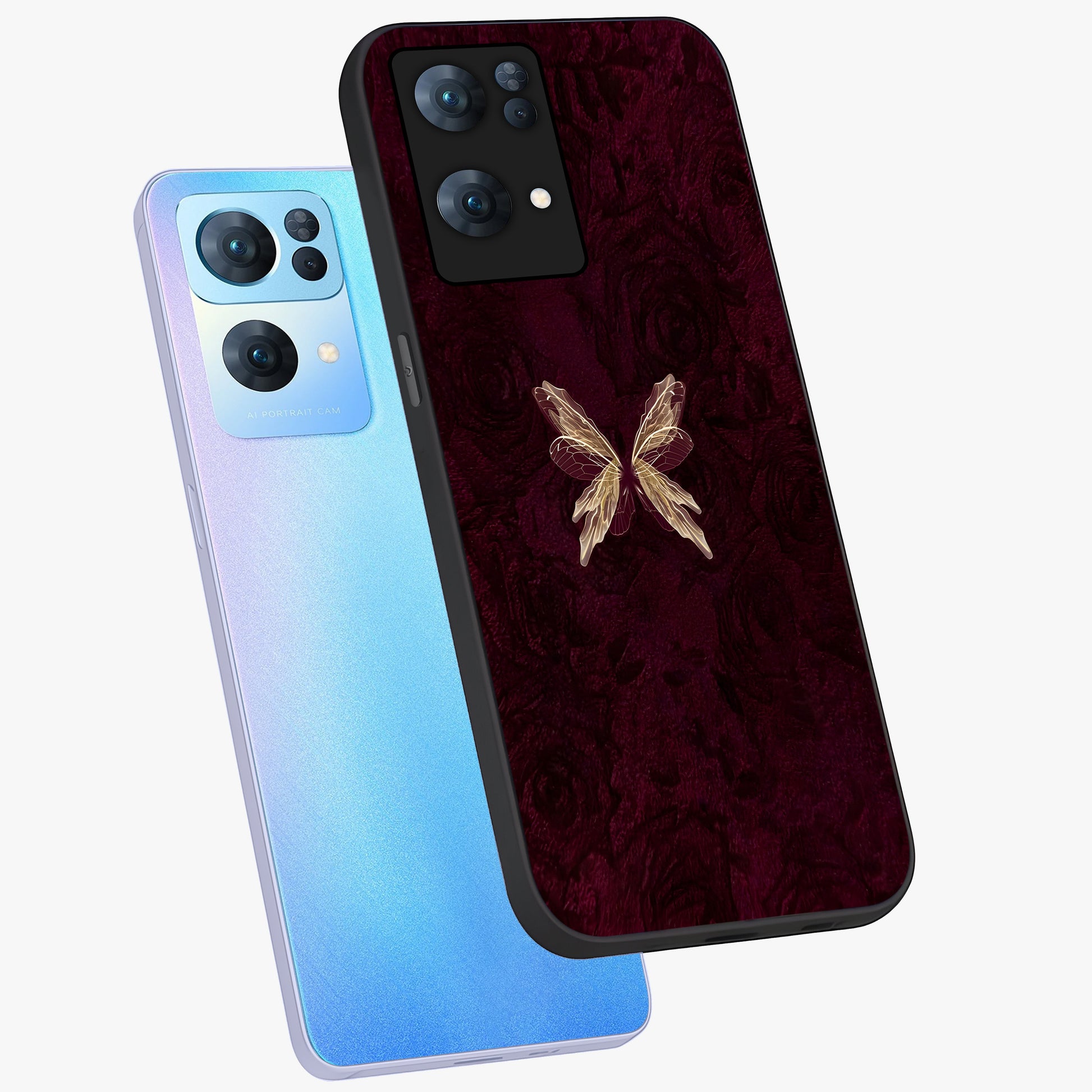 Crimson Fade Butterfly Glass Case displayed in angled mockup highlighting elegant butterfly design with crimson gradient aesthetic.