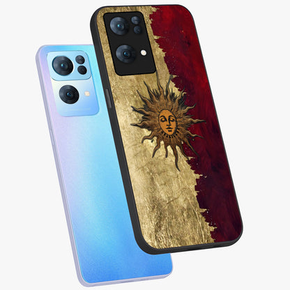 Crimson Sun Majesty Glass Case displayed in angled mockup highlighting majestic crimson sun design with bold aesthetic style.