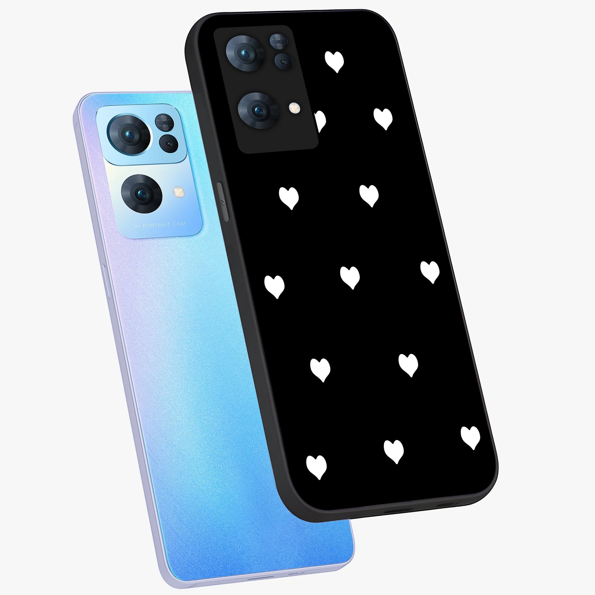 Cute And Simple White Hearts Glass Case displayed in angled mockup highlighting cute heart design with clean aesthetic style.