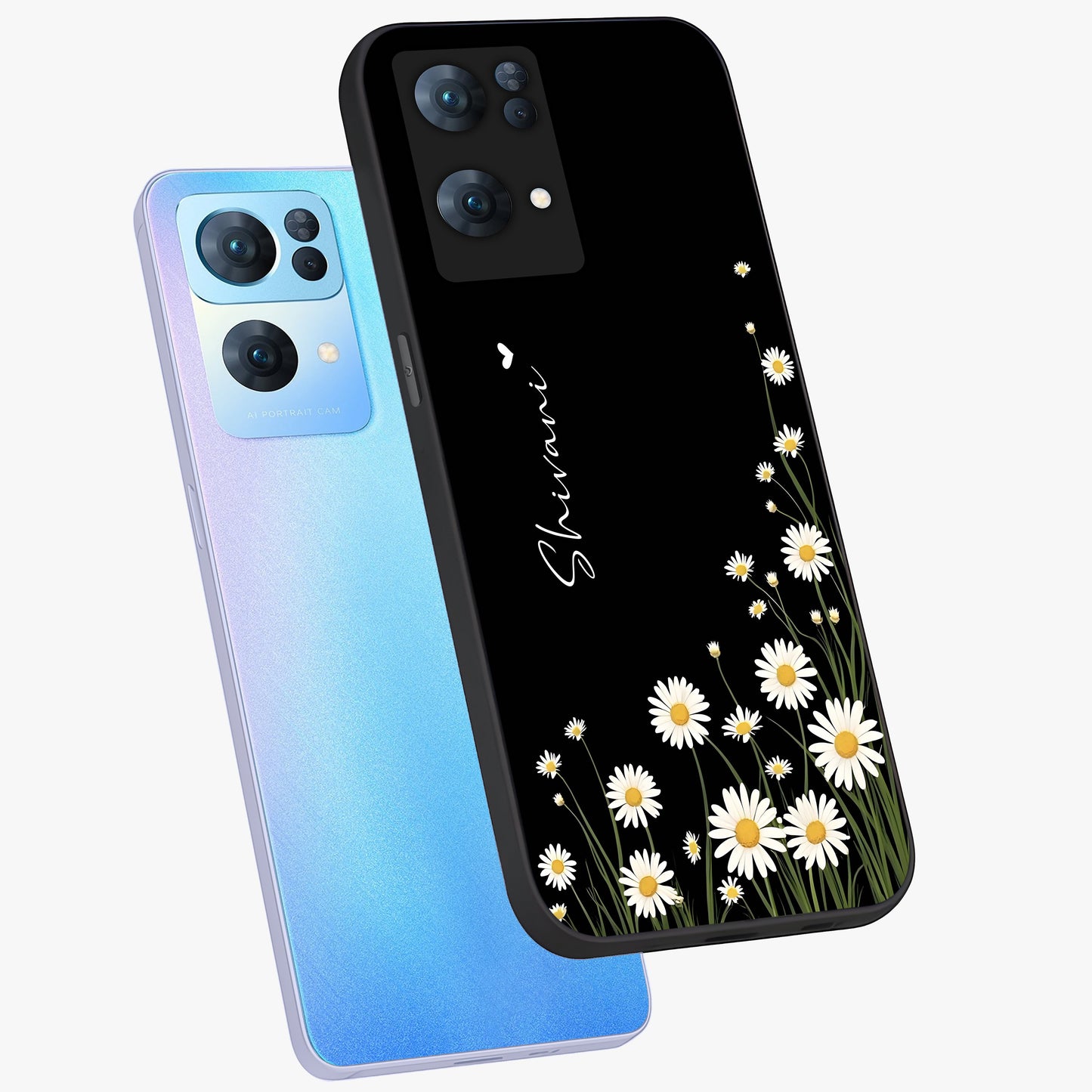 Daisy Cascade Custom Name Glass Case displayed in angled mockup highlighting delicate daisy artwork with custom name feature.