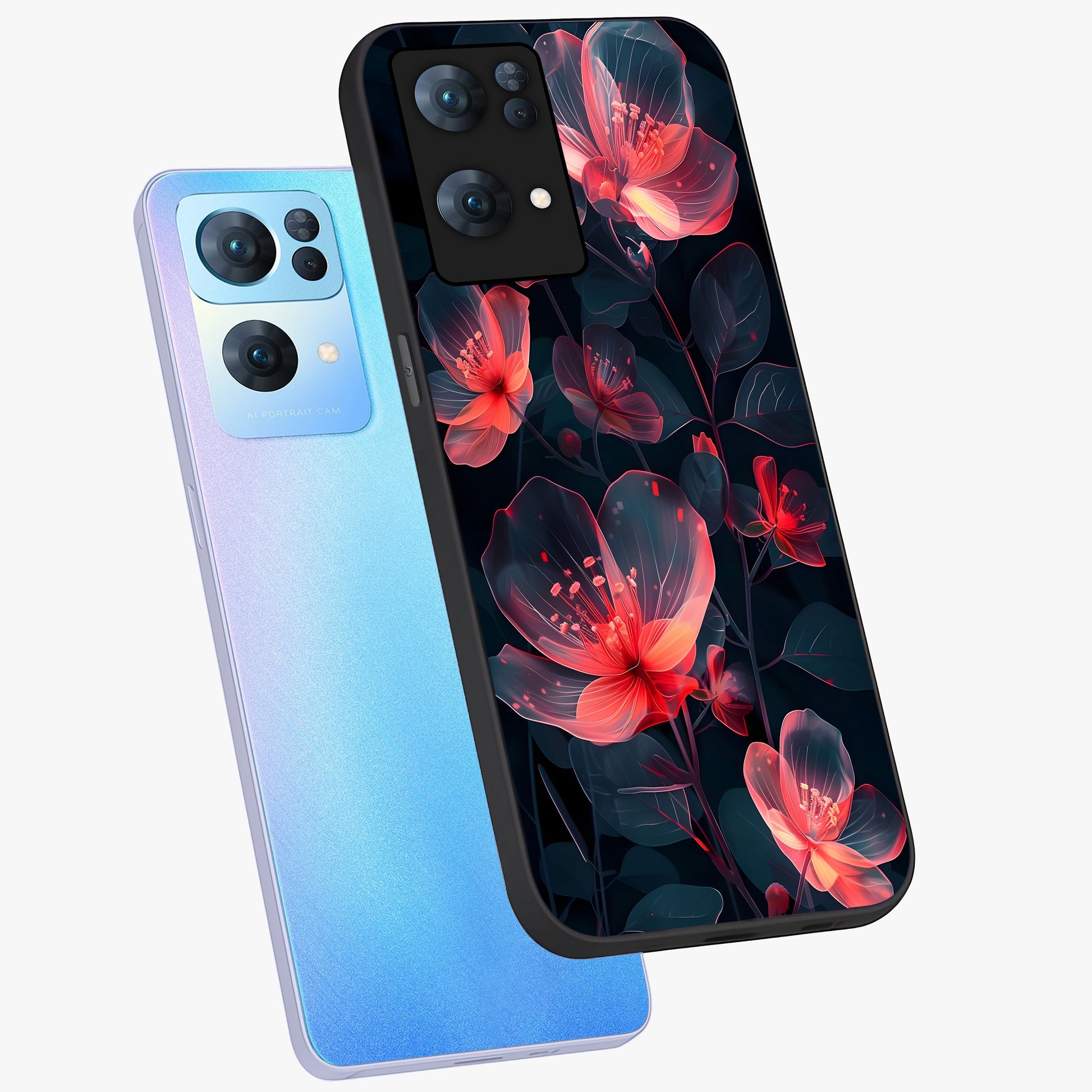 Dark Shade of Flower Glass Case displayed in angled mockup highlighting moody floral illustration with aesthetic dark tones.