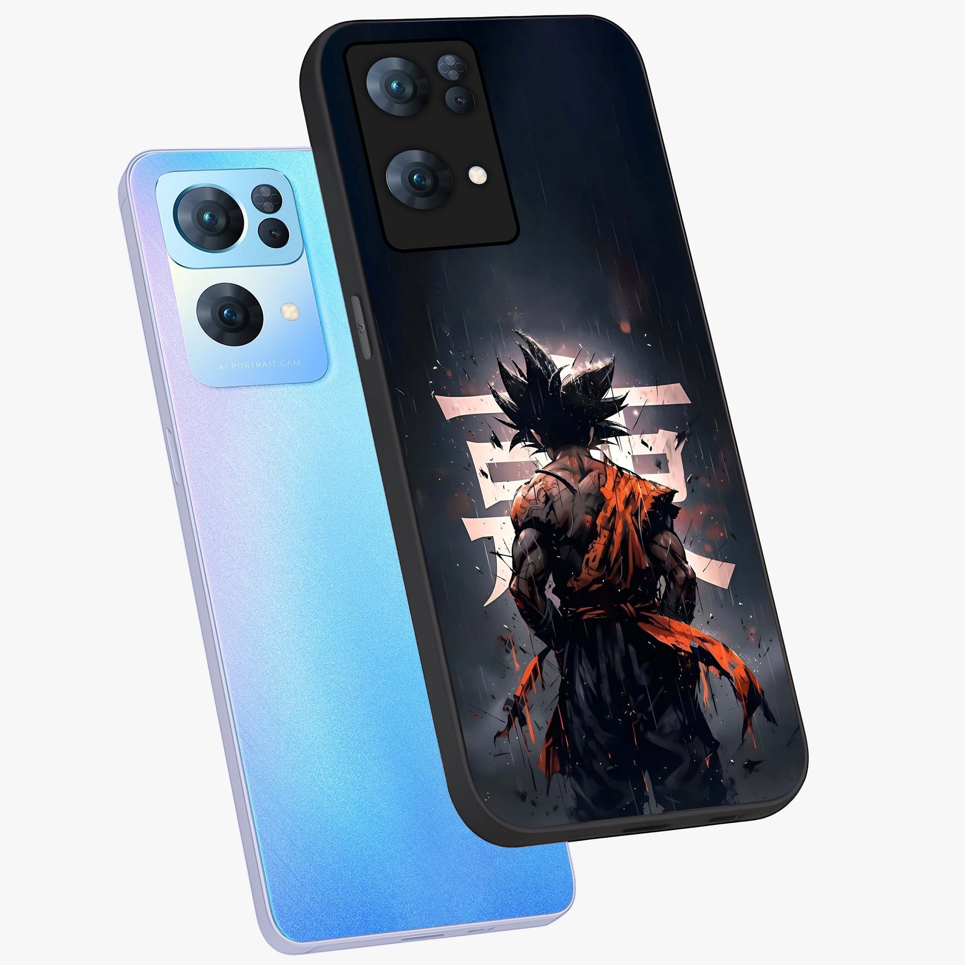 Dark Warrior In Rain Glass Case displayed in angled mockup highlighting dramatic warrior illustration with dark rain aesthetic.