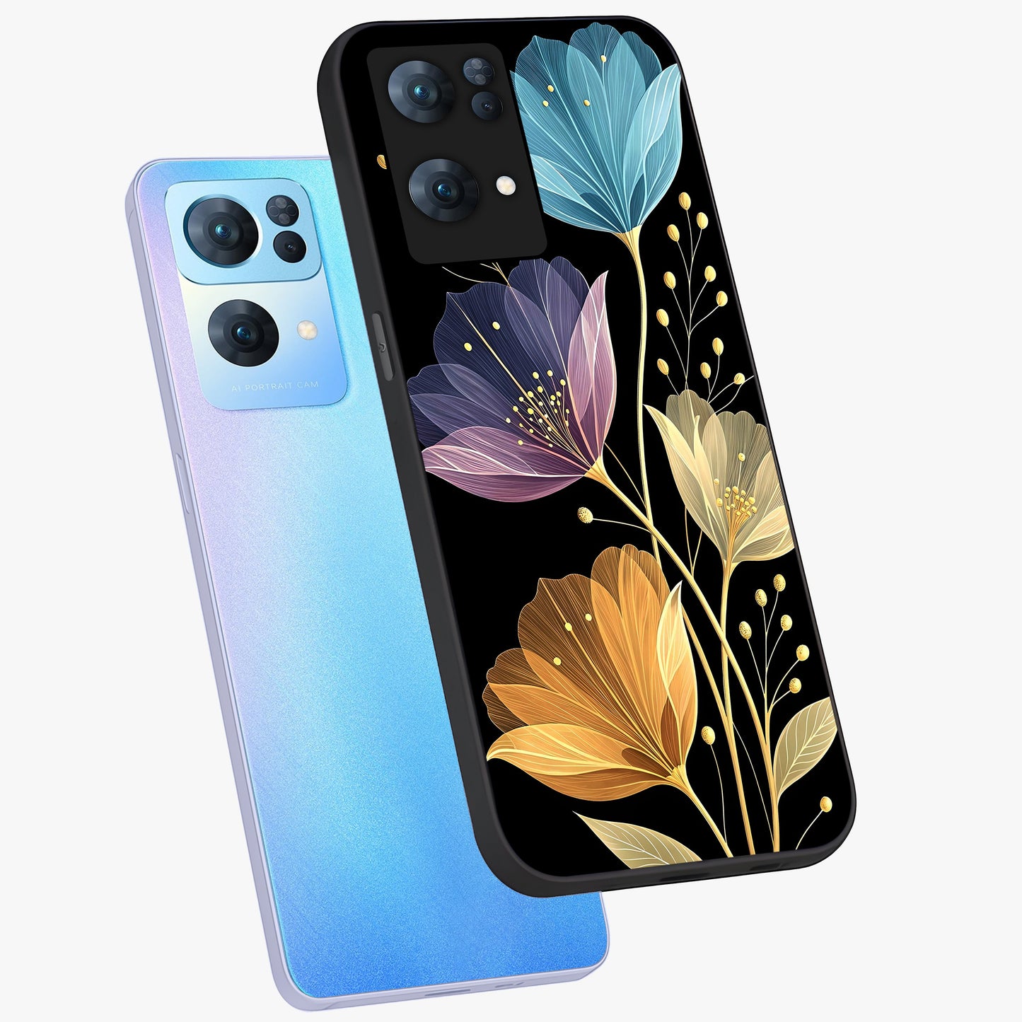 Delicate Multicolor Flowers Glass Case displayed in angled mockup highlighting colorful flower pattern with soft aesthetic style.