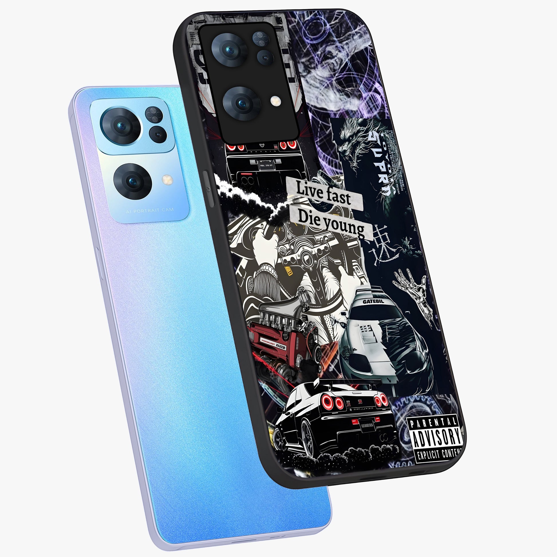 Die Young Glass Case displayed in angled mockup highlighting expressive graphic artwork with edgy aesthetic style.