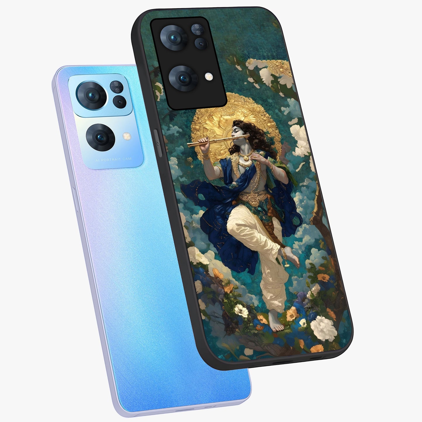 Divine Krishna Art Glass Case displayed in angled mockup highlighting spiritual Krishna illustration with devotional aesthetic.