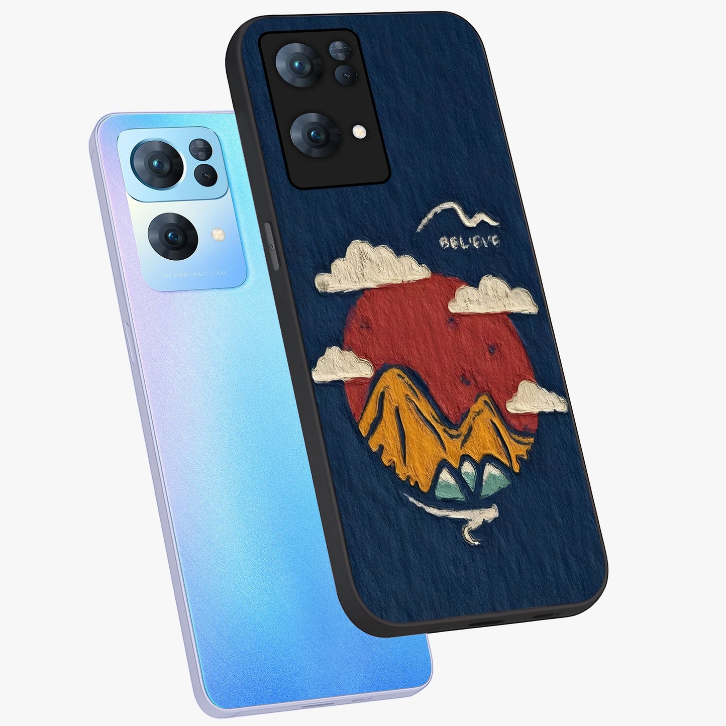 Dream Beyond Mountains Glass Case displayed in angled mockup highlighting dreamy mountain illustration with peaceful aesthetic.
