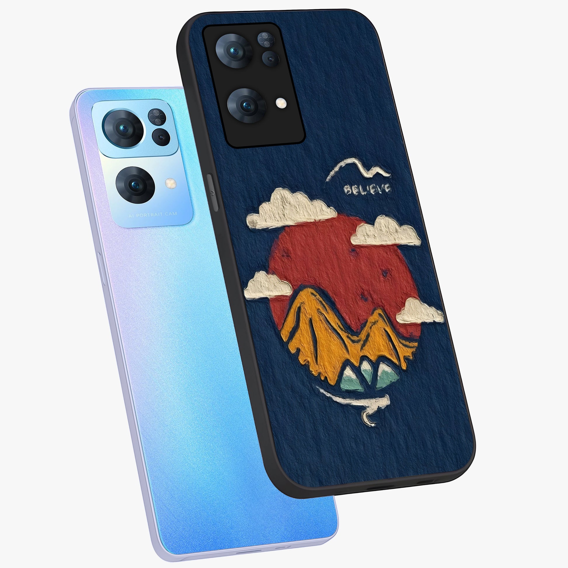 Dream Beyond Mountains Glass Case displayed in angled mockup highlighting dreamy mountain illustration with peaceful aesthetic.