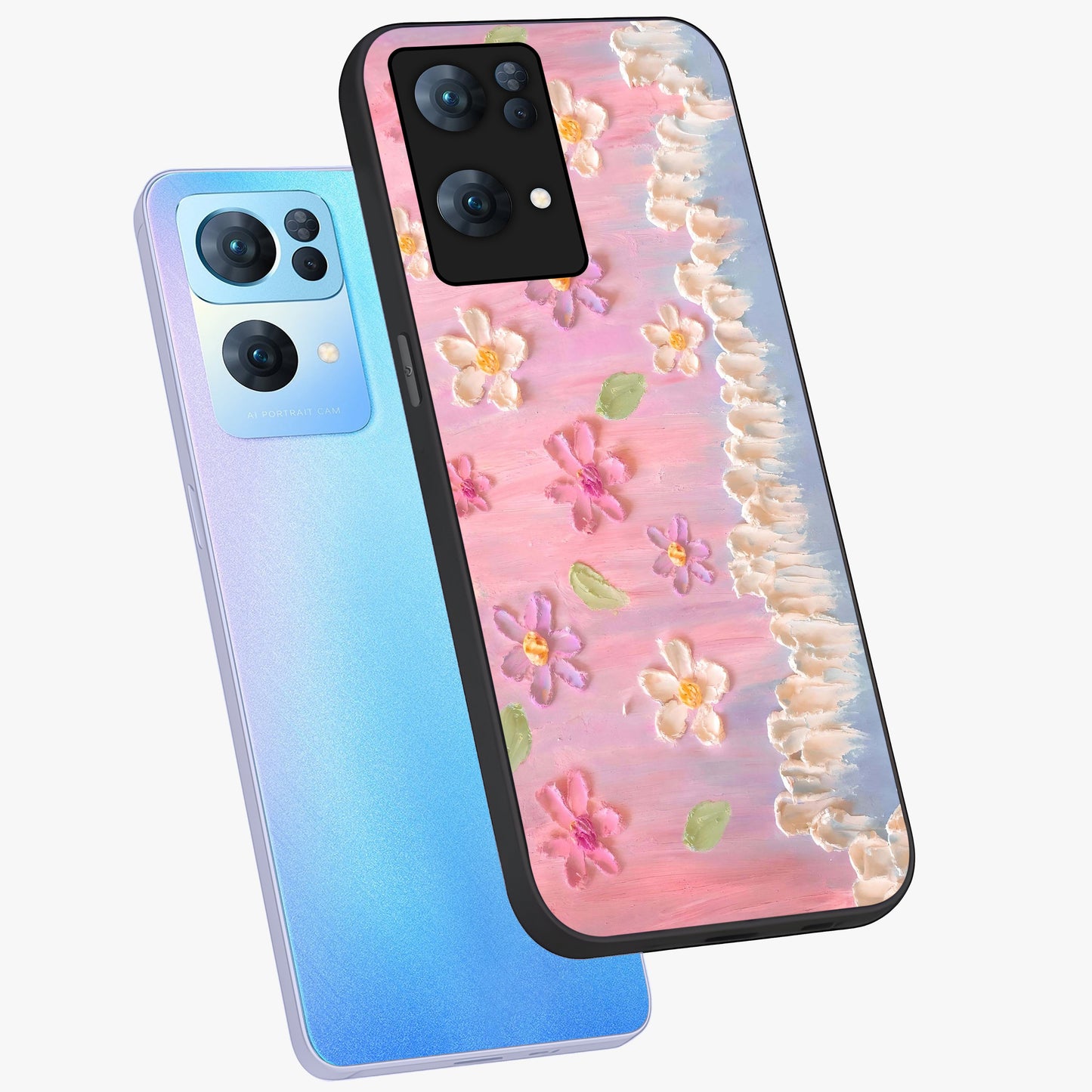 Dreamy Painted Garden Glass Case displayed in angled mockup highlighting colorful garden illustration with dreamy aesthetic style.